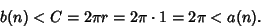 \begin{displaymath}
b(n)< C=2\pi r=2\pi\cdot 1=2\pi< a(n).
\end{displaymath}