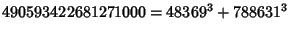 $490593422681271000 = 48369^3 + 788631^3$