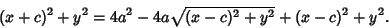 \begin{displaymath}
(x+c)^2+y^2 = 4a^2-4a\sqrt{(x-c)^2+y^2} + (x-c)^2+y^2.
\end{displaymath}