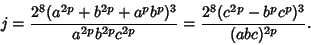 \begin{displaymath}
j={2^8(a^{2p}+b^{2p}+a^p b^p)^3\over a^{2p}b^{2p}c^{2p}}={2^8(c^{2p}-b^pc^p)^3\over(abc)^{2p}}.
\end{displaymath}