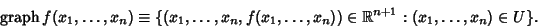 \begin{displaymath}
\mathop{\rm graph} f(x_1,\ldots ,x_n) \equiv \{ (x_1,\ldots ...
..._1,\ldots ,x_n)) \in \Bbb{R}^{n+1}: (x_1,\ldots ,x_n) \in U\}.
\end{displaymath}