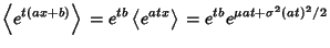 $\displaystyle \left\langle{e^{t(ax+b)}}\right\rangle{} = e^{tb}\left\langle{e^{atx}}\right\rangle{} = e^{tb}e^{\mu at + \sigma^2(at)^2/2}$