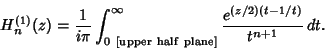 \begin{displaymath}
H_n^{(1)}(z) = {1\over i\pi} \int_{0 {\rm\ [upper\ half\ plane]}}^\infty {e^{(z/2)(t-1/t)}\over t^{n+1}}\,dt.
\end{displaymath}