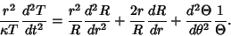 \begin{displaymath}
{r^2\over \kappa T}{d^2T\over dt^2}
= {r^2\over R} {d^2R\ov...
...over R} {dR\over dr}+{d^2\Theta\over d\theta^2}{1\over\Theta}.
\end{displaymath}