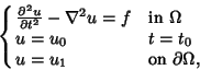 \begin{displaymath}
\cases{
{\partial^2u\over\partial t^2}-\nabla^2u = f & in ...
...$\cr
u = u_0 & $t=t_0$\cr
u = u_1 & on $\partial\Omega$,\cr}
\end{displaymath}