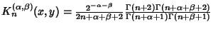 $K_n^{(\alpha,\beta)}(x,y)={2^{-\alpha-\beta}\over 2n+\alpha+\beta+2}{\Gamma(n+2)\Gamma(n+\alpha+\beta+2)\over\Gamma(n+\alpha+1)\Gamma(n+\beta+1)}$