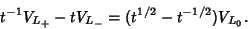 \begin{displaymath}
t^{-1}V_{L_+}-tV_{L_-}=(t^{1/2}-t^{-1/2})V_{L_0}.
\end{displaymath}