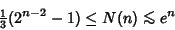 \begin{displaymath}
{\textstyle{1\over 3}}(2^{n-2}-1)\leq N(n) \mathrel{\hbox{\h...
...o 0pt{%
\lower.5ex\hbox{$\sim$}\hss}\raise.4ex\hbox{$<$}}} e^n
\end{displaymath}