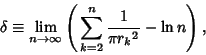 \begin{displaymath}
\delta\equiv \lim_{n\to\infty} \left({\,\sum_{k=2}^n {1\over\pi{r_k}^2}-\ln n}\right),
\end{displaymath}