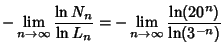 $\displaystyle -\lim_{n\to \infty}{\ln N_n\over\ln L_n} = -\lim_{n\to\infty}{\ln(20^n)\over\ln(3^{-n})}$