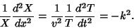 \begin{displaymath}
{1\over X}{d^2X\over dx^2} = {1\over v^2} {1\over T}{d^2T\over dt^2} = -k^2.
\end{displaymath}